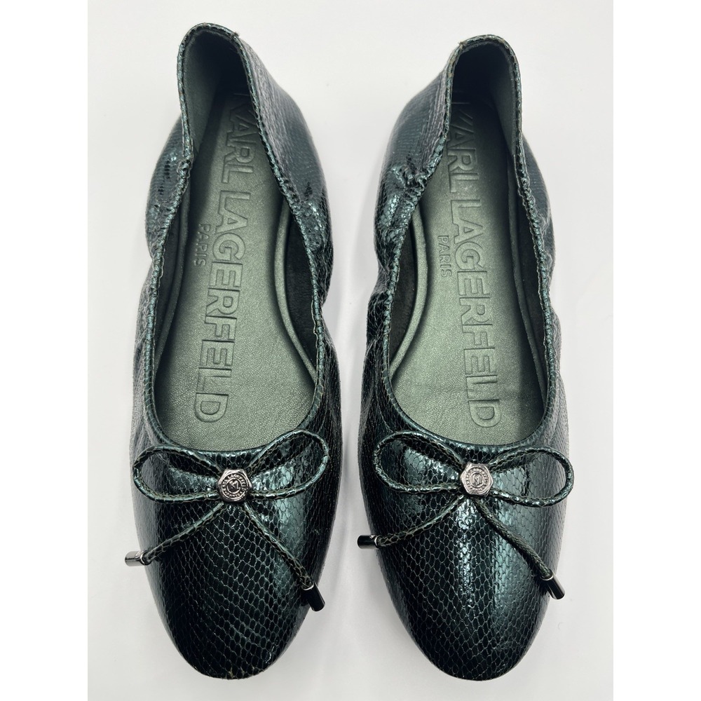 Karl Lagerfeld Velma Ballet Flats 8.5 Green‎ Metallic Snake Embossed Bow